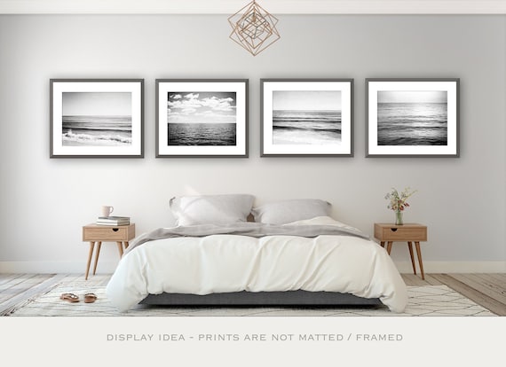 Black and White Seascape Photography Set – Four Grey Ocean Horizon Prints  (Set of 4)