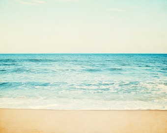 Beach Photography - ocean sea seascape aqua blue landscape horizon beige coastal wall art seashore - 11x14, 8x10 Photograph, "Carefree"