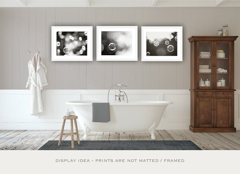 Bathroom Wall Decor Fine Art Photography Print Black & White Gallery Wall Set of 3 Water Bubbles Poster Prints image 1