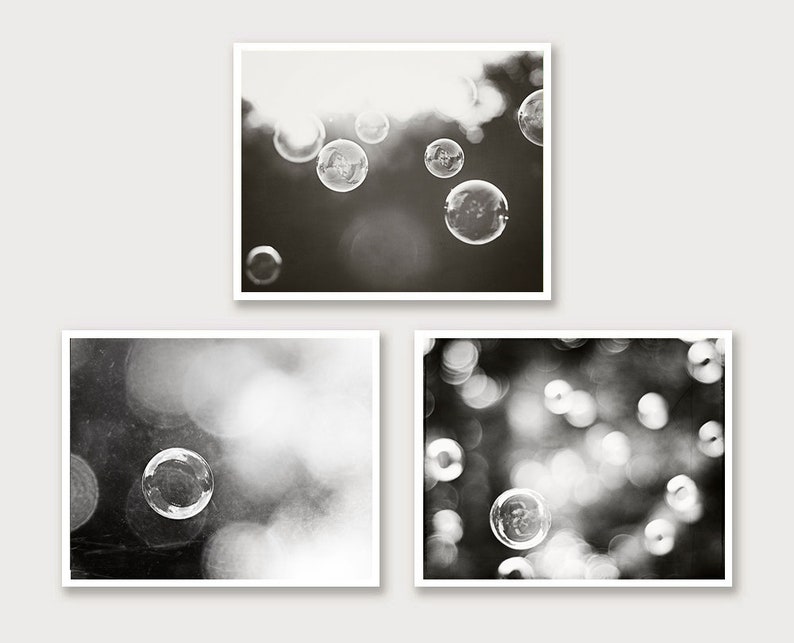Bathroom Wall Decor Fine Art Photography Print Black & White Gallery Wall Set of 3 Water Bubbles Poster Prints Prints
