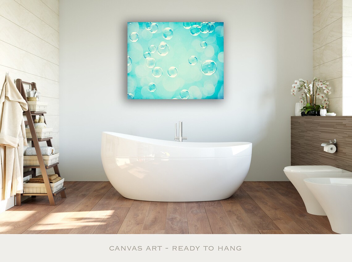 Kids Bathroom Decor Art Canvas Bubbles Art Print Aqua Wall Etsy
