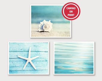 Beach Wall Art Photography Prints, Three Piece Wall Art, Beautiful Coastal Wall Art, Seashell Decor, Blue Artwork Sets (Set of 3) Canvas Art