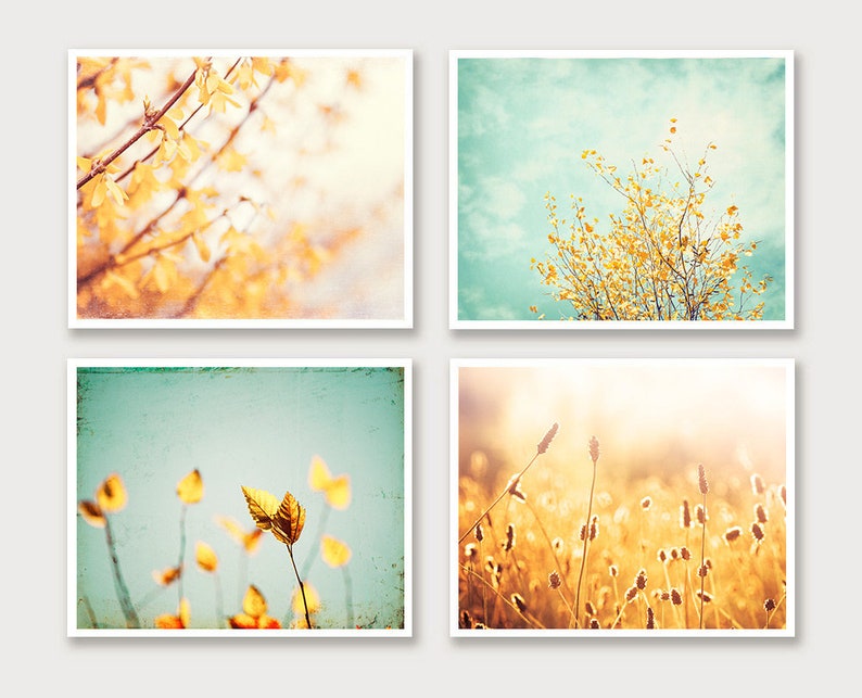 Nature Photography Set of Four Prints Mint Green Print, Yellow Art, Gallery Wall Set of 4, Botanical Photo, Bedroom Art, Girl Nursery Teal Prints