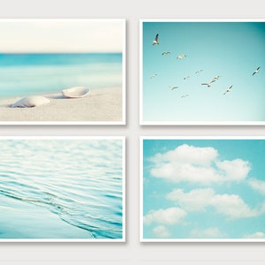 Beach Photography Set aqua blue print ocean seashore coastal wall art seashells clouds water sea photo Four 11x14, 8x10, 5x5 Photograph Prints