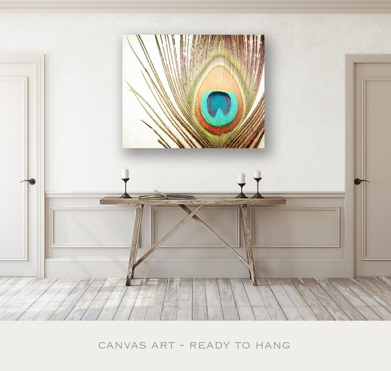 Peacock Wall Art Canvas, Modern Rustic Decor, Feather Wall Art, Farmhouse Photography Nature, Country Artwork, Brown Orange, Teal Turquoise image 1