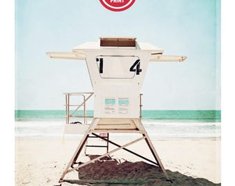 San Diego Lifeguard Tower Beach Photo Print, Calm California Coastal Wall Art, Serene Ocean Seashore Photography, Large Beach Wall Art Blue