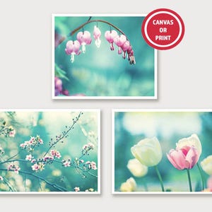 Turquoise Pink Flower Print Set, Teal Floral Wall Art (Set of 3), Colorful Nature Photography Nursery Artwork Sets Chic, Trendy Dreamy Chic