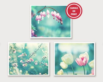 Aqua Pink Flower Print Set - Teal Blue Floral Photography  (Set of 3)