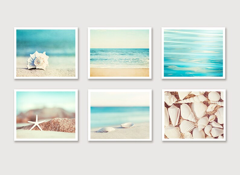 Beach Photo Set Six 11x14, 8x10, 5x7 Photographs coastal photography aqua blue print set ocean seashells white cream beige wall art Prints