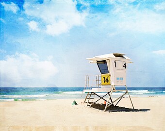 Lifeguard Tower Print - San Diego Art, Beach Artwork, California Art, Coastal Wall Art, Beach House Decor in Blue, Beige, Cream