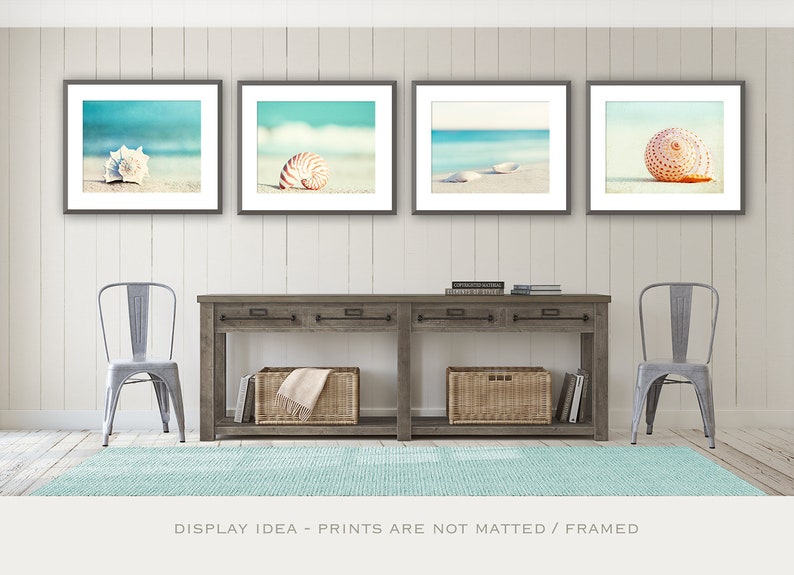 Beach Photography Set Four Photographs, seashell sea shell photo print seashore decor turquoise aqua teal blue wall art 11x14, 8x10, 5x7 image 8