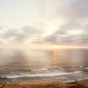 Sunset Ocean Photography - neutral beach photo light brown coastal wall art cream beige print seashore photograph, "Sunset on the Pacific"