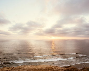 Sunset Ocean Photography - neutral beach photo light brown coastal wall art cream beige print seashore photograph, "Sunset on the Pacific"