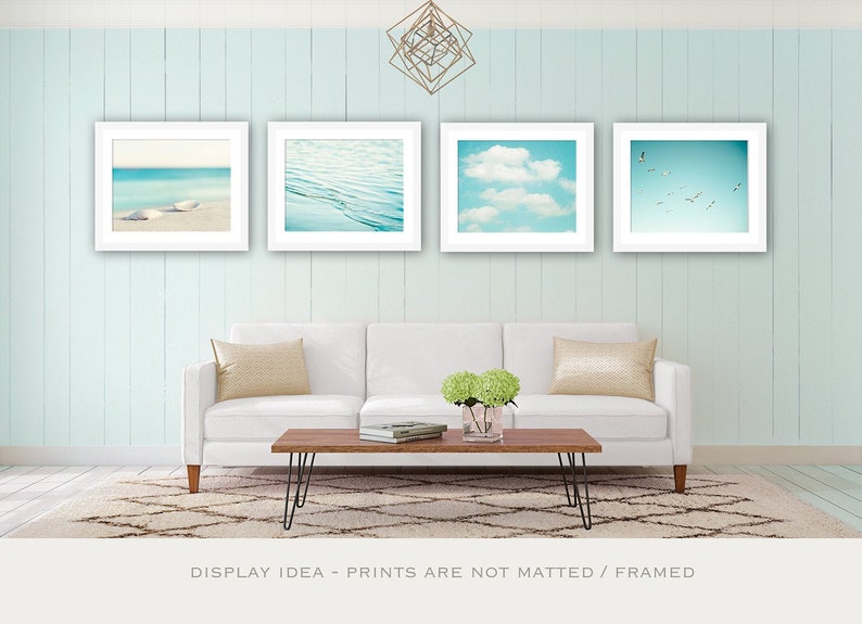 Beach Photography Set aqua blue print ocean seashore coastal wall art seashells clouds water sea photo Four 11x14, 8x10, 5x5 Photograph image 1