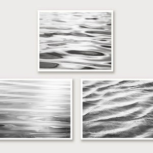 Black and White Photo Set Three Water Photographs, abstract ocean ripples grey gray sea beach print set coastal wall art 11x14, 8x10, 5x7 Prints