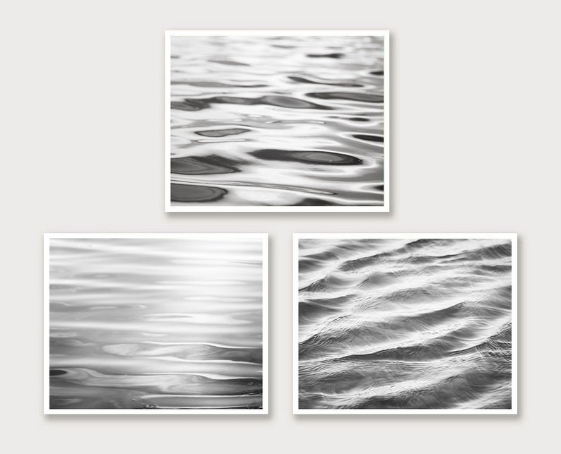 Black and White Photo Set Three Water Photographs, abstract ocean ripples grey gray sea beach print set coastal wall art 11x14, 8x10, 5x7 Prints