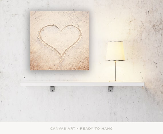 Heart Print Beach Canvas Wall Art - Love Decor, Sand Art, Coastal Cottage Decor, Nursery Prints, Bedroom Decor Teen, Romantic Wall Art