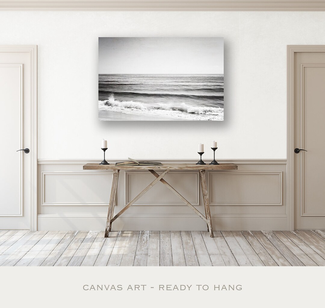 Black and White Ocean Canvas Art Modern Coastal Decor, Wave Print