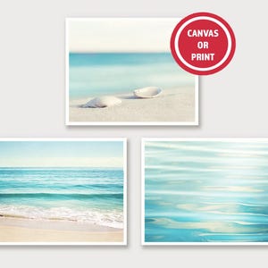 Ensemble de trois impressions de photographie de plage, art mural côtier, ensembles d'oeuvres d'art maison de plage apaisante, photos bleu aqua (lot de 3). Papiers peints en toile