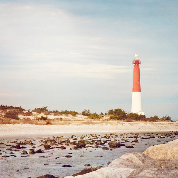 Barnegat Lighthouse Photography - new jersey shore long beach island coastal wall print blue red brown, 11x14, 8x10 Photograph, "Old Barney"