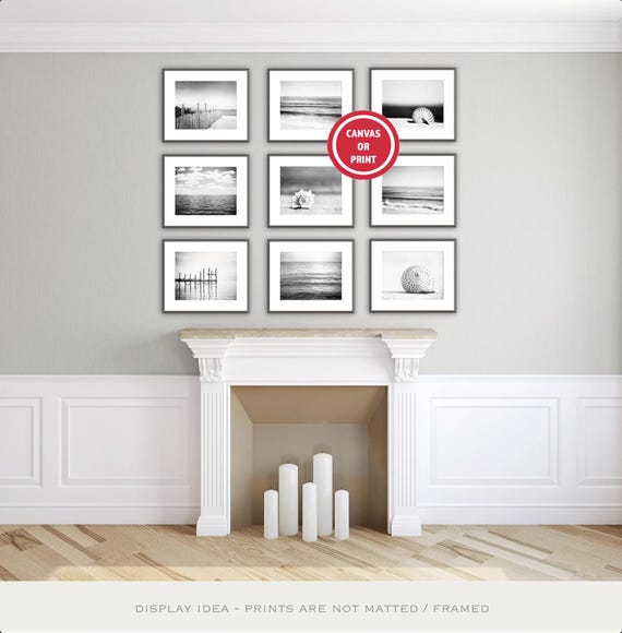Black and White Beach Photo Gallery Wall Art Set of Nine Prints (or Canvases), Grey Ocean Photography, Gray Chic Coastal Prints (Set of 9)