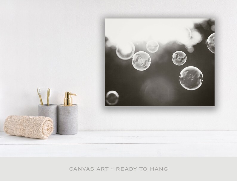 Bathroom Canvas Print Art soap bubbles black white wall art laundry room decor modern canvas gallery wrap abstract photography, Bubbles image 5