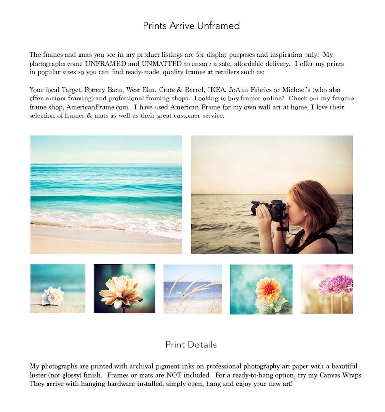 Puede incluir: La imagen muestra varias impresiones sin marco. Las impresiones presentan escenas costeras, flores y una persona tomando una foto. El texto "Prints Arrive Unframed" est&aacute; en la parte superior. Las impresiones est&aacute;n disponibles en tama&ntilde;os populares.