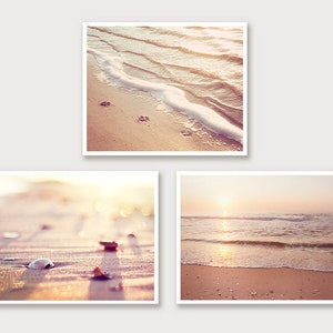 Beach Print Set Three Coastal Photographs ocean shells seashell beige neutral cream peach pink seashore sea shore wall art set Prints