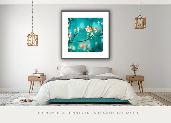 Teal Photography Orange Peach Teal Decor Flower Aqua Blue Green Turquoise Print Floral Botanical Wall Art 8x8 Photograph Enchanting