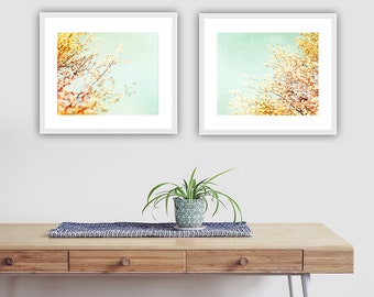 2 Piece Wall Art, Nature Print Set of Two - Mint Green Print, Yellow Botanical Photo, Gold Floral Art Print, Pastel Artwork, Cottage Chic