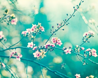 Teal Photography - turquoise aqua blue wall art pink nursery white flower nature print floral branches mint photograph, &quot;A Piece of My Soul&quot;