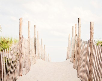 Beach Photography - dune photo fence pale neutral seashore light white cream brown coastal art print nautical photograph, "Beyond the Dunes"