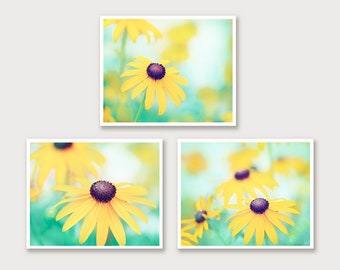 Set of Three Prints - Flower Wall Decor, Botanical Print Set, Yellow Art, Floral Nursery, Mint Turquoise