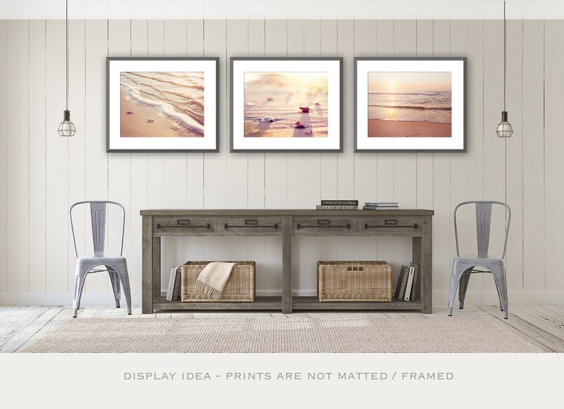 Beach Print Set Three Coastal Photographs ocean shells seashell beige neutral cream peach pink seashore sea shore wall art set image 3