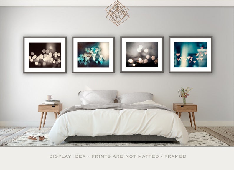 Sparkle Photography Set, bokeh abstract dark brown teal aqua turquoise blue grey gray pink peach hearts sparkly photo circle wall art prints image 3