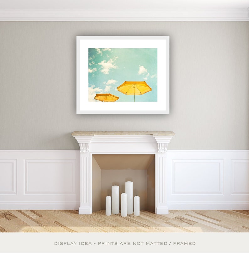 Beach Umbrella Print turquoise yellow mint green teal light seashore photography sky coastal wall art, 8x10, 11x14 Photograph, Sunny Day image 1