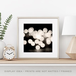 Black and White Abstract Photography, bokeh lights print modern photo circles wall art cream dark grey gray photograph decor, Ambiance image 5