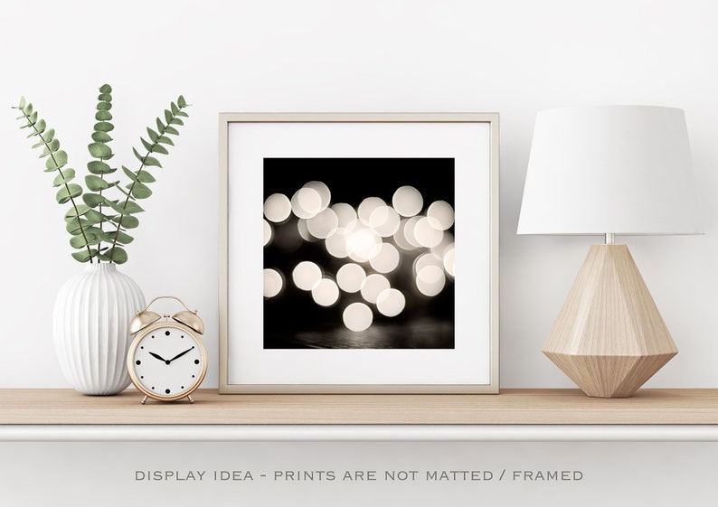 Black and White Abstract Photography, bokeh lights print modern photo circles wall art cream dark grey gray photograph decor, Ambiance image 5