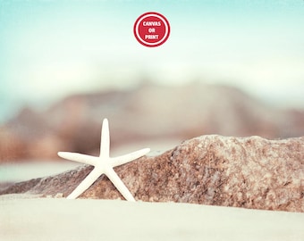 Beautiful Beach Pictures, Coastal Wall Art, Soothing Starfish Photography, Aqua Blue Brown, Canvas Gallery Wrap, Dining Room Wall Art