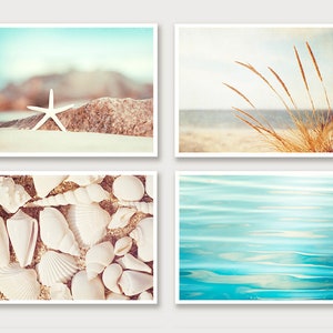 Beach Photography Set Four Photographs beach print set seashore aqua blue cream white beige beach bathroom decor sea shore photo wall art Prints