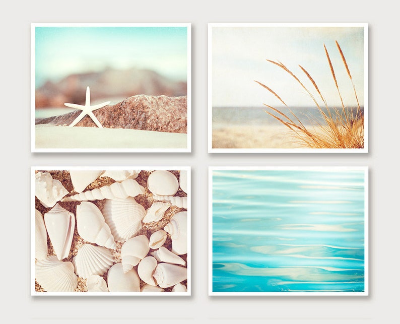 Beach Photography Set Four Photographs beach print set seashore aqua blue cream white beige beach bathroom decor sea shore photo wall art Prints