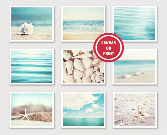 Beach Gallery Wall Art, Coastal Photography Set of Nine Prints (Set of 9) Calming Ocean Wall Art, Soothing Aqua Blue Picture Grouping
