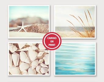 Beach Photography Print (or Canvas) Set of Four Dreamy Pictures, Bathroom Beach Wall Art, Aqua Blue Beige White Seashore Wall Art (Set of 4)