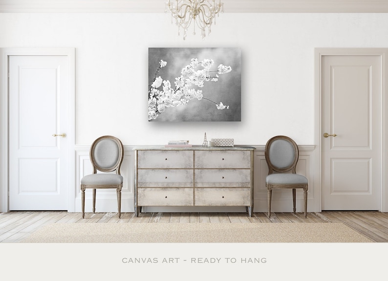 Black and White Floral Canvas Wall Art Above Bed Art Silver Etsy