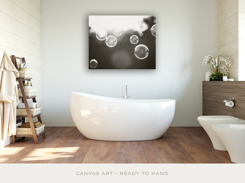 Bathroom Canvas Print Art soap bubbles black white wall art laundry room decor modern canvas gallery wrap abstract photography, Bubbles image 4