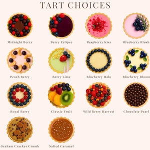 May include: A selection of twelve fruit tarts is presented in an overhead shot, each with a distinct topping. The tarts are arranged in a grid, with labels such as "Midnight Berry," "Raspberry Kiss," and "Salted Caramel" beneath each. The image is a visual guide to the tart choices.