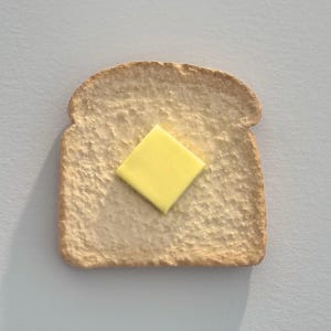 May include: A single slice of toast with a square of yellow butter. The bread is light brown with a textured surface, and the butter is a bright yellow. The image is set against a plain white background.