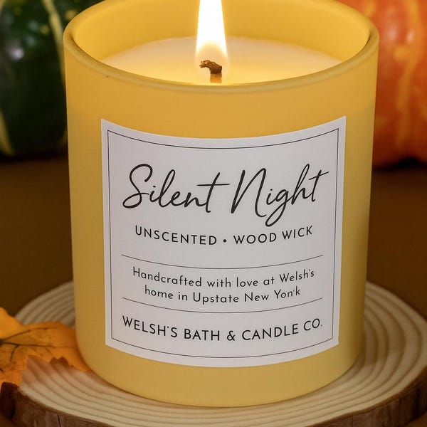 Silent Night- unscented soy candle. Comes in fall colors. Yellow, orange, brown.