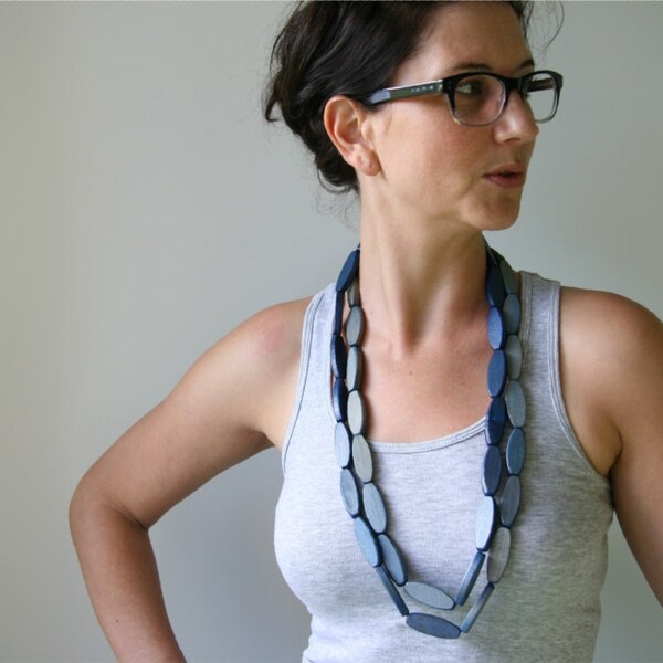 Hand-Dyed Ombre Sky to Royal Blue Extra Long Wooden Bead Statement Necklace