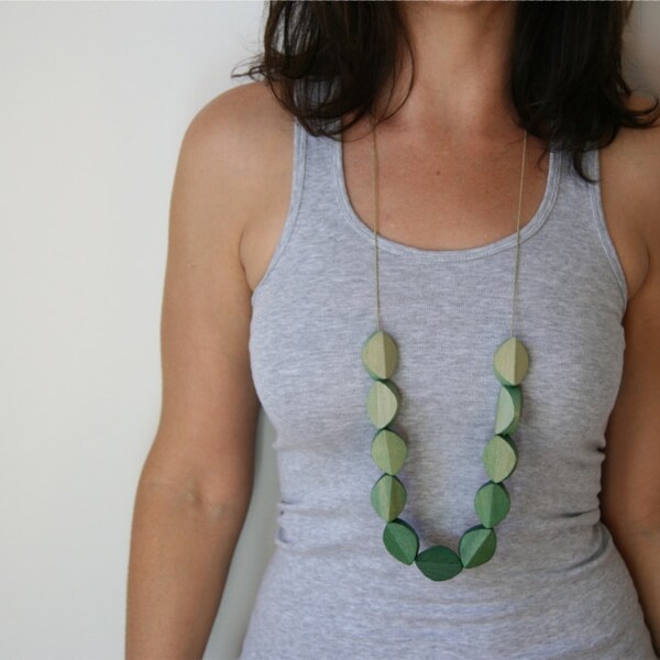 Hand-Dyed Ombre Mint to Forest Green Leaves Wooden Bead Statement Necklace